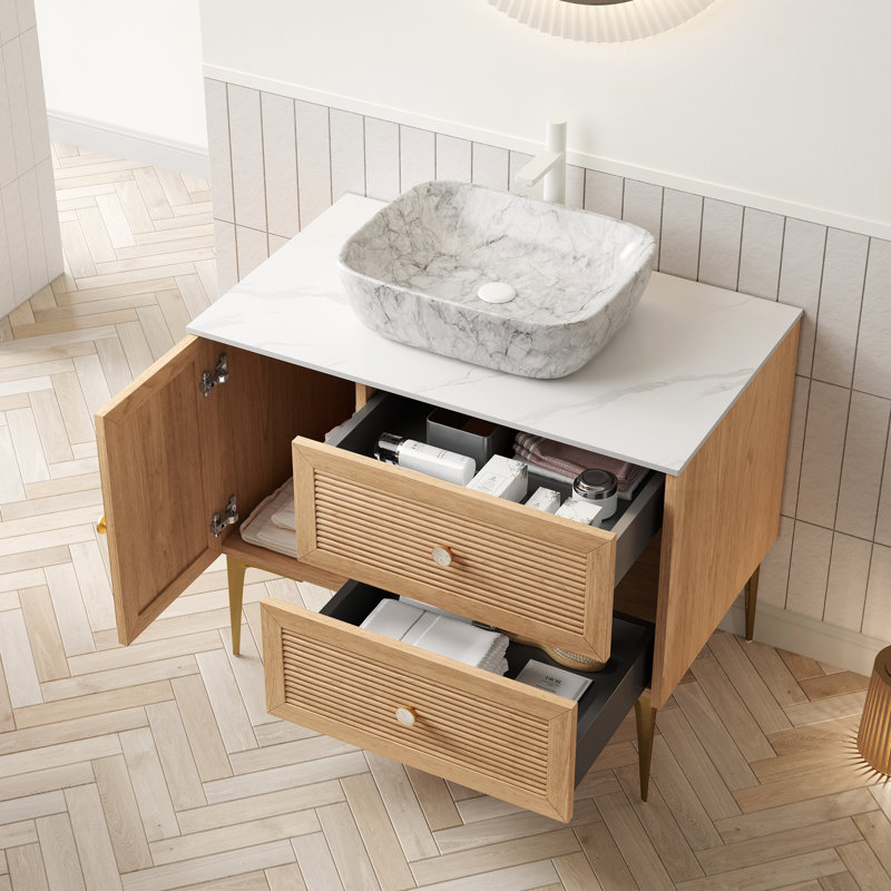 Meuble-lavabo 36 po avec lavabo, rangement en contreplaqué autoportant, finition chêne, contreplaqué haute résistance, grand rangement