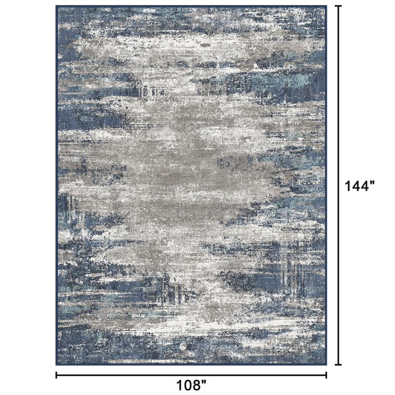 Tapis gris / bleu abstrait et moderne lavable à la machine avec envers antidérapant, Rectangle 9 pi x 12 pi