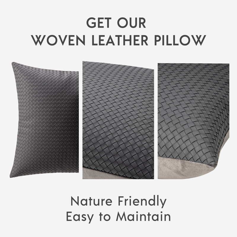 Dark Gray Woven Faux Leather and Velvet Throw Pillows, 18" x 18", Set of 2