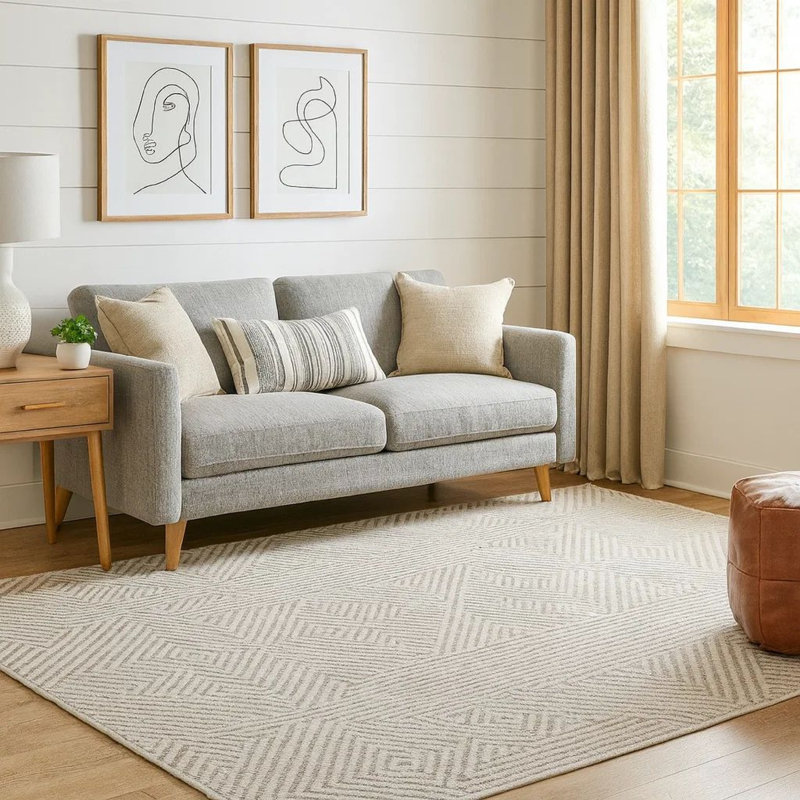 Tapis Glam, motif géométrique, polyester touffeté gris blanc, laine, Rectangle 8 pi x 10 pi