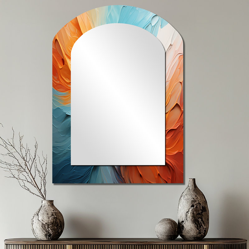 Teal Orange Bold Abstract Flow Collage I - Large Arched Wall Mirror On Metal, 34" x 25"