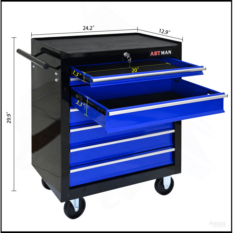 7 DRAWERS MULTIFUNCTIONAL TOOL CART WITH WHEELS-BLACK+BLUE