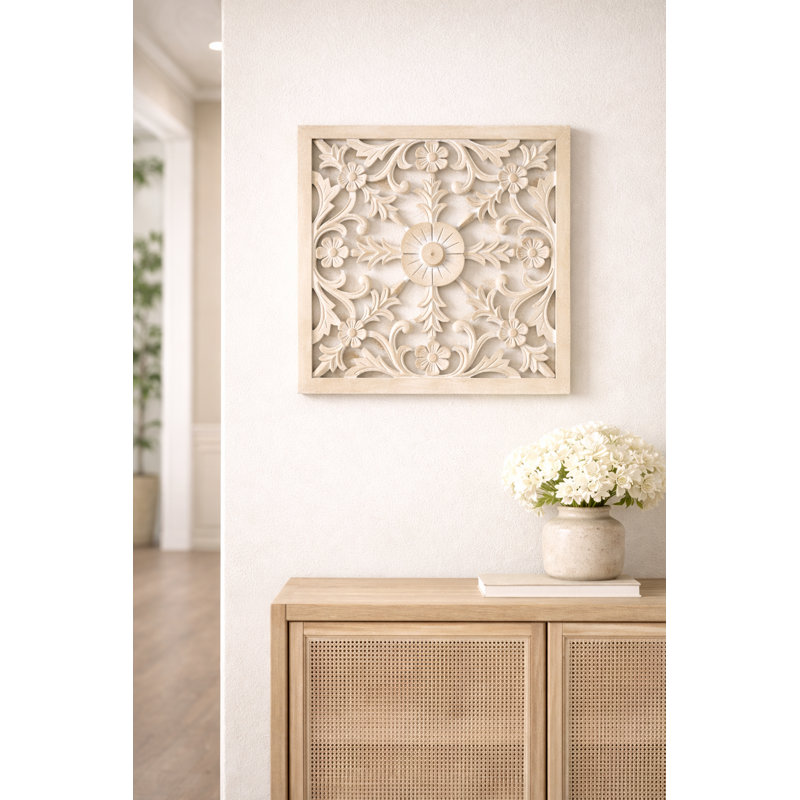Hand-Carved Floral Wood Wall Panel, 16" x 16" – Whitewashed Cutout Wall Accent for Entryway, Hallway, or Living Space