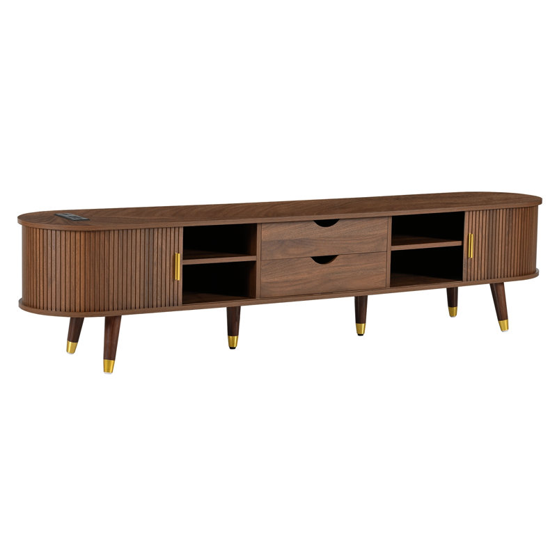 Ensemble de meuble télé et de table basse en bois Farmhouse avec station de charge, Noyer