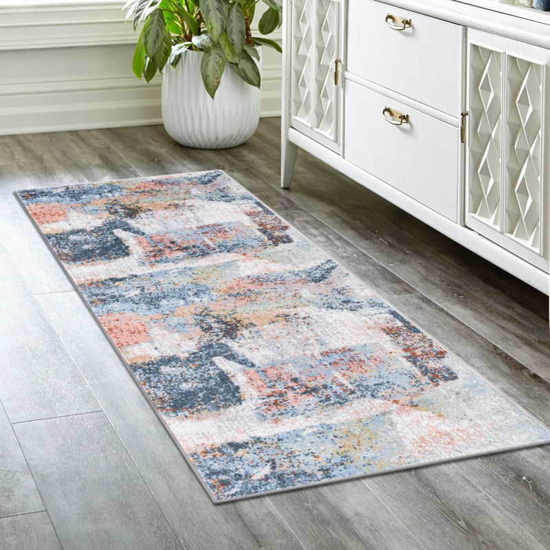 Tapis abstrait bleu / blanc / corail Trent Austin Design® Hankinson, Tapis de couloir 2 pi x 8 pi