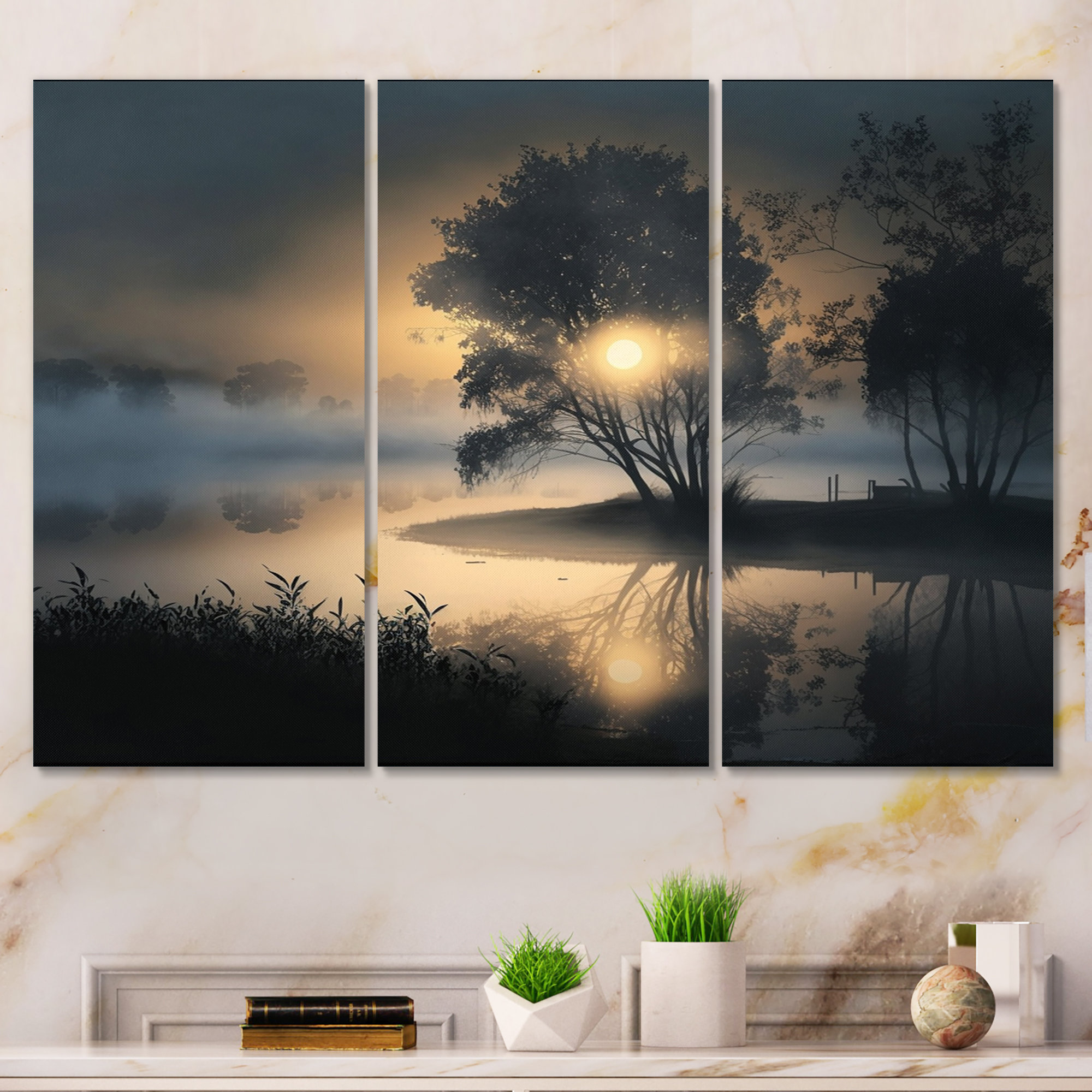 Mystical Morning Fog Sunrise Over The Lake - Lakehouse Wall Decor Set Design Art Size: 28 H x 36 W x 1 D