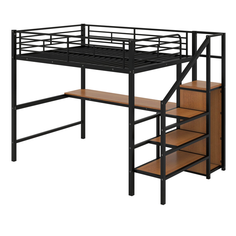Lit mezzanine double en métal avec bureau, escalier de rangement et petite armoire, Noir