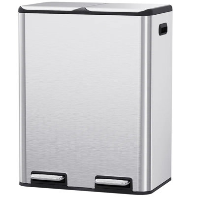 16 Gal Dual Kitchen Trash Can, Stainless Steel Step-On Garbage Bin with Built-in Deodorizer, Recycle Waste Dustbin, W/2 Built-In Box For Odour Control, Soft-Close Lid,2 Buckets, Foot Pedal, Side Handle, For Home Office