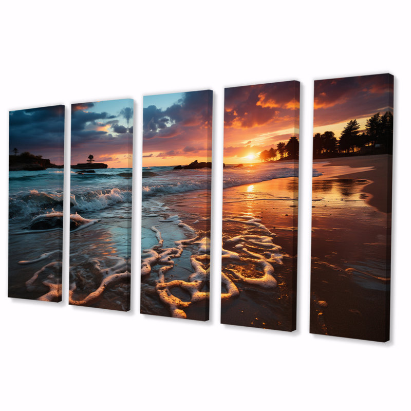 Coucher de soleil horizon I - reproduction d'art mural côtier - 5 panneaux égaux