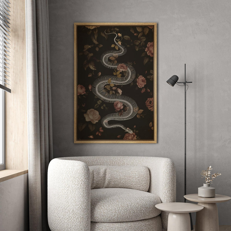 Moody floral serpent squelette gothique art moderne, H 24 po x l 16 po, Cadre naturel flottant
