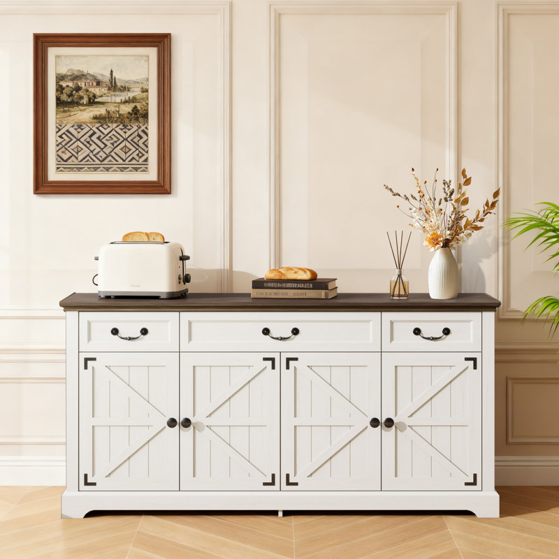 65-Inch Rustic Farmhouse Sideboard Buffet Cabinet - 4 Doors 3 Drawers Storage For Dining Room Living Room Coffee Bar
