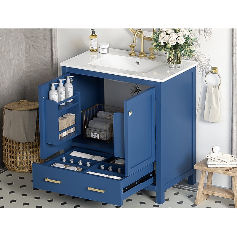 Meuble-lavabo 30 po avec lavabo simple, armoire encastrée avec 2 portes et tiroir, Bleu