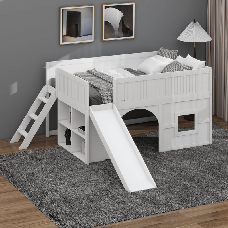 Full Size Low Loft Bed With Slide And Shelves, Multiple Functions Wooden Low Loft Bed Frame With Storage Shelves, Door And Window Design