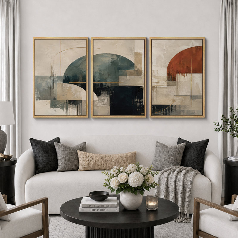«Teal Rust Arch», art graphique abstrait, images de bureau, impression sur toile encadrée, 3 pièces, Cadre naturel