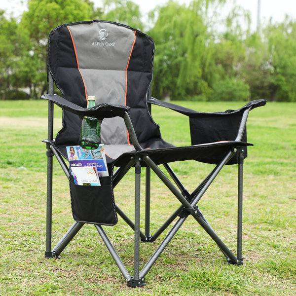 Arrowhead Outdoor Portable Solid Hard-Arm High-Back Folding Camping Quad Chair, Heavy-Duty Carrying Bag, Cup Holder Included w/Side Pouch, Supports