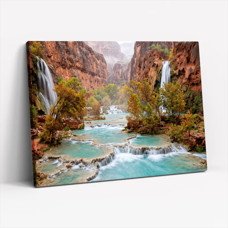 Ensemble de 1 tableau sur toile représentant un canyon et une cascade, 16"H x 24"W, Wrapped Canvas