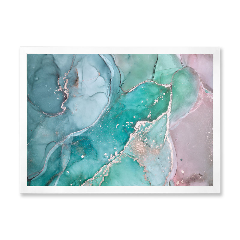 Marbre abstrait turquoise - peinture sur toile, Cadre de coin blanc fermé, H 24 po x l 32 po