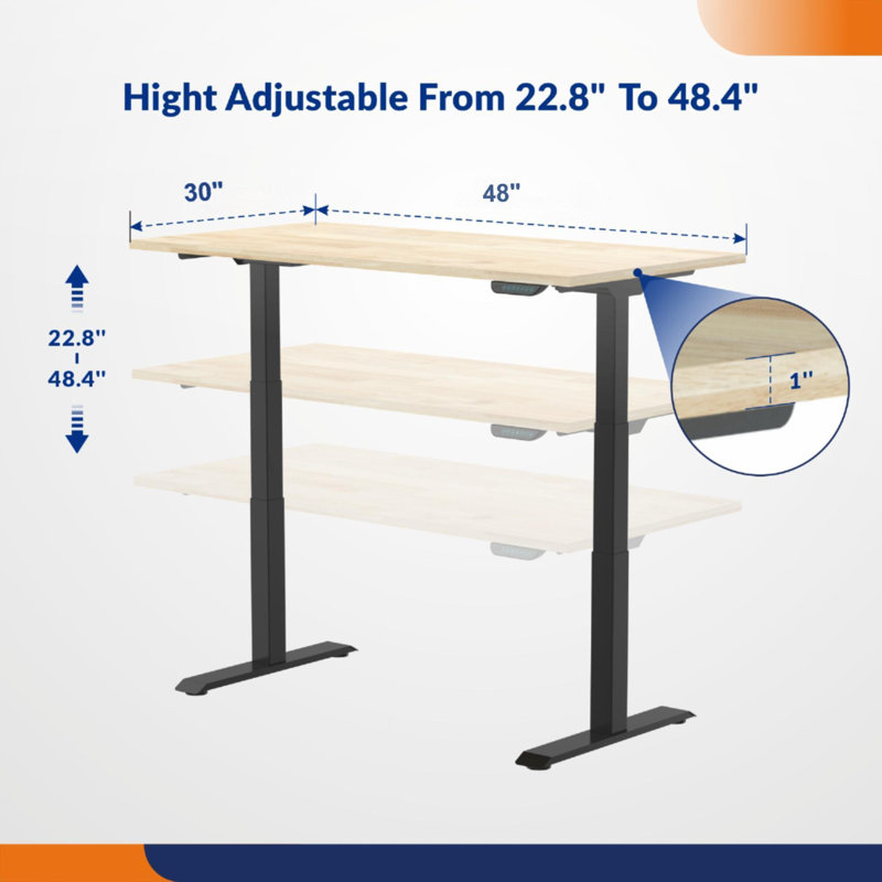 48" W x 30" D Dual Motor Electric Adjustable Height Workbench with Solid Wood Top