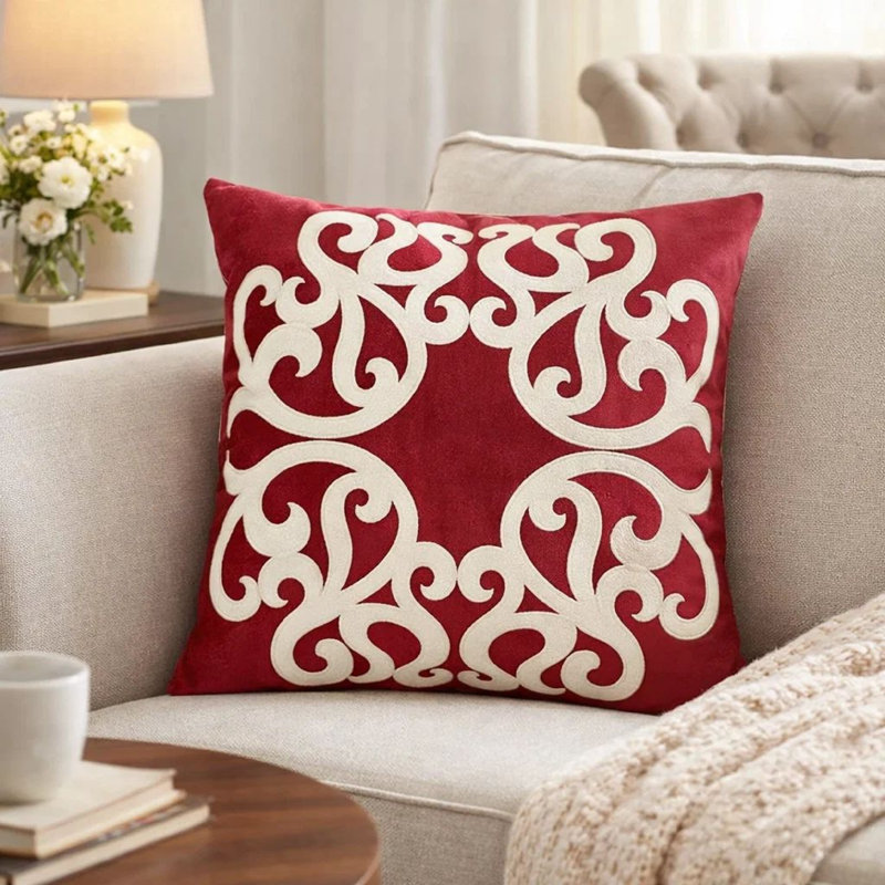 Housse de coussin décoratif carré en velours rouge Dery 20 x 20 Dery, Rouge / Blanc