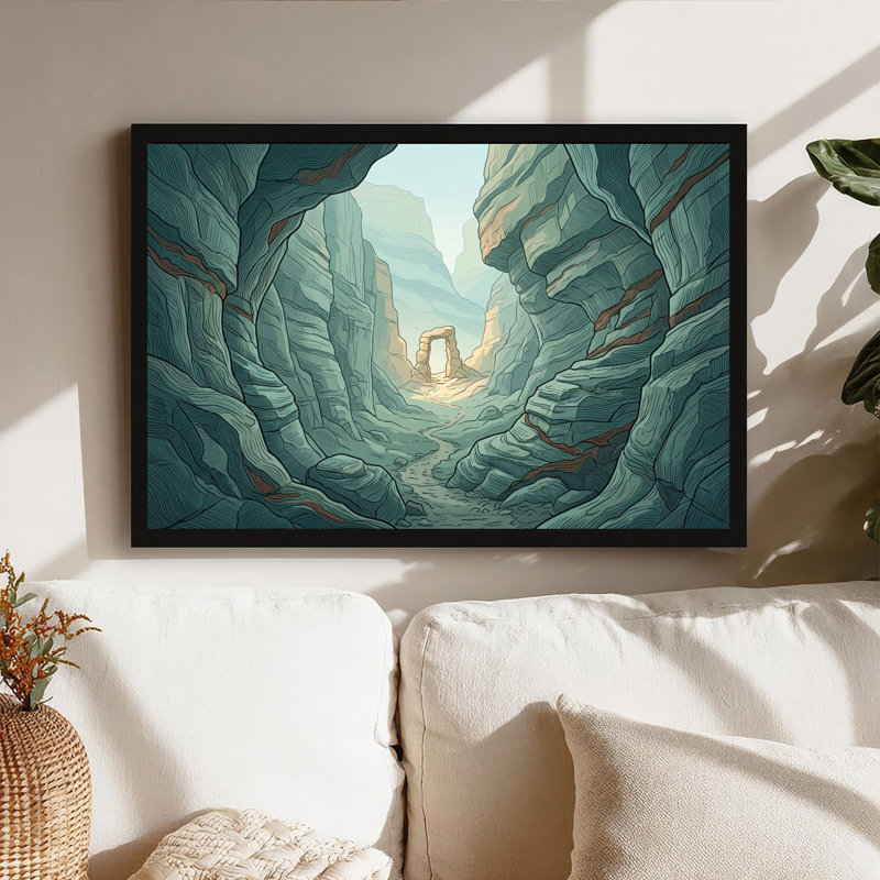 Art mural toile sarcelle et canyon brun menant à une arche de pierre, H 20 po x l 30 po