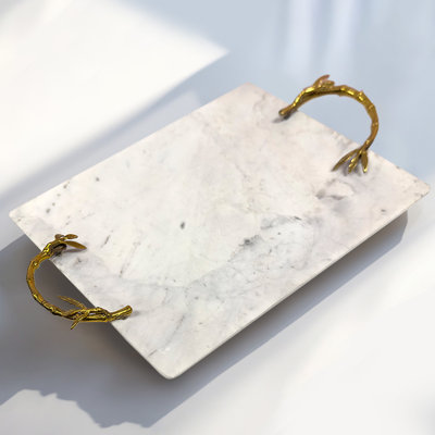 Elegant Large Serving Tray Rectangular Marble Tray with Metal Handles – Stylish Christmas Gift for Home Decor