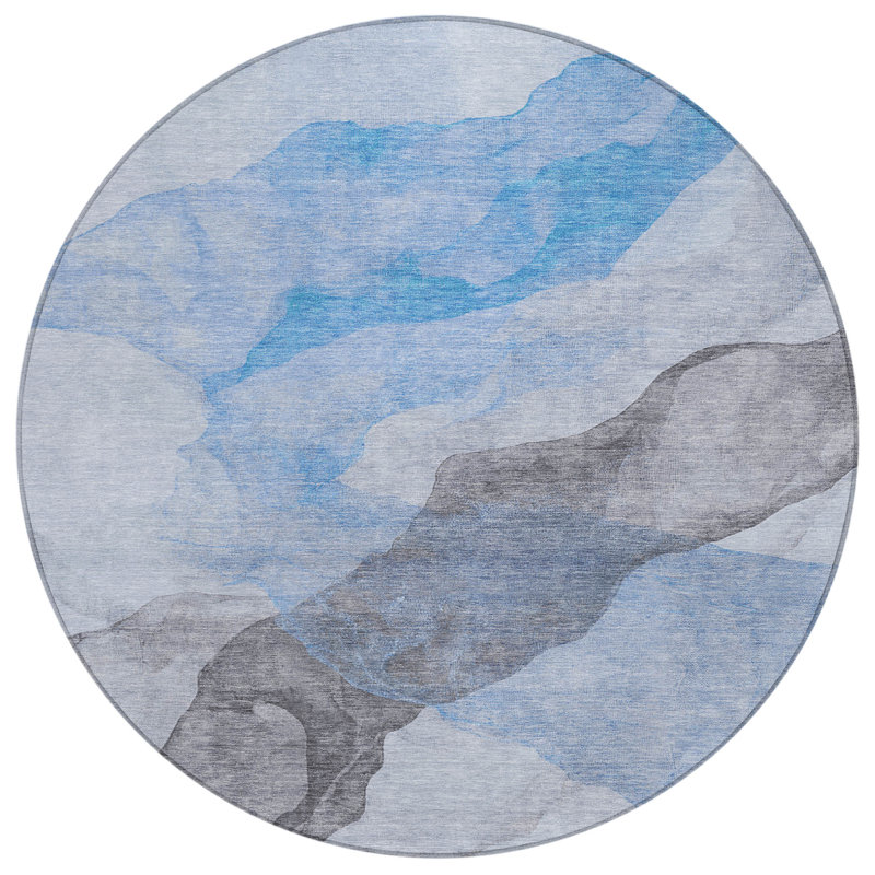 Tapis extérieur rond lavable abstrait bleu ciel et gris 8 pi