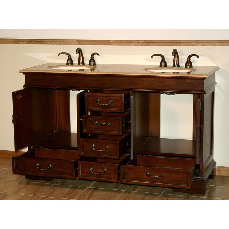 Ensemble de meuble-lavabo double 60 po Alberga, Pierre de travertin