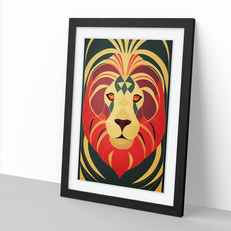 Lion Art Deco Vol.5 - Picture Frame Print, Black, 46cm H x 34cm W x 2cm D