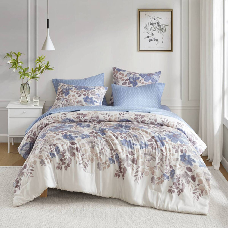 Ensemble d'édredon floral avec draps, Motif floral bleu, Ensemble de draps pour très grand lit
