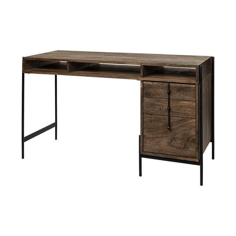 Bureau en bois brun moyen de 56 pouces avec 3 tiroirs et 3 tablettes ouvertes