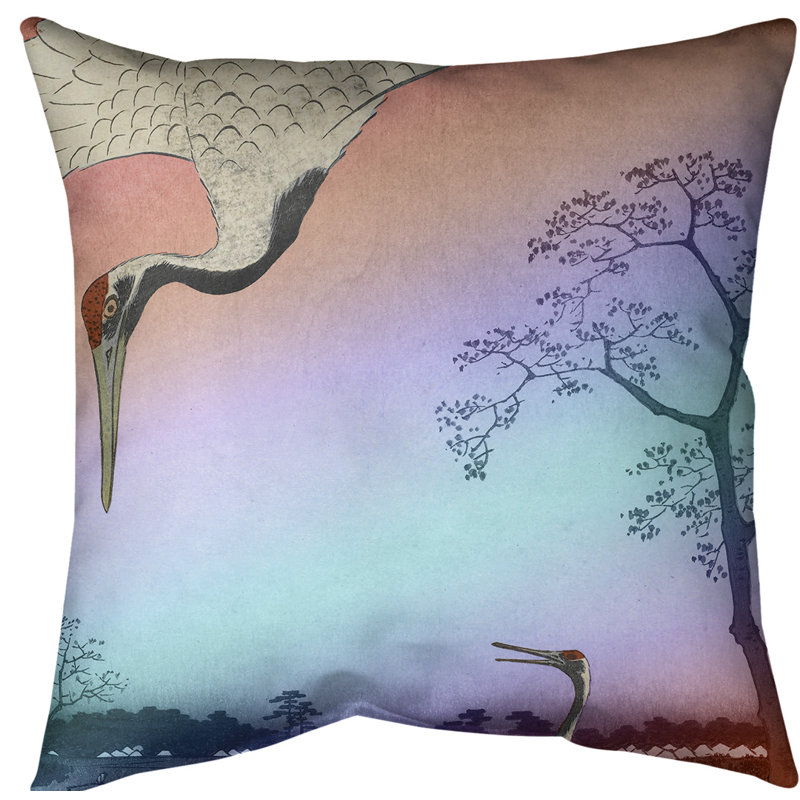 Housse de coussin Japanese Cranes Euro, Rouge / dégradé bleu, Polyester sergé