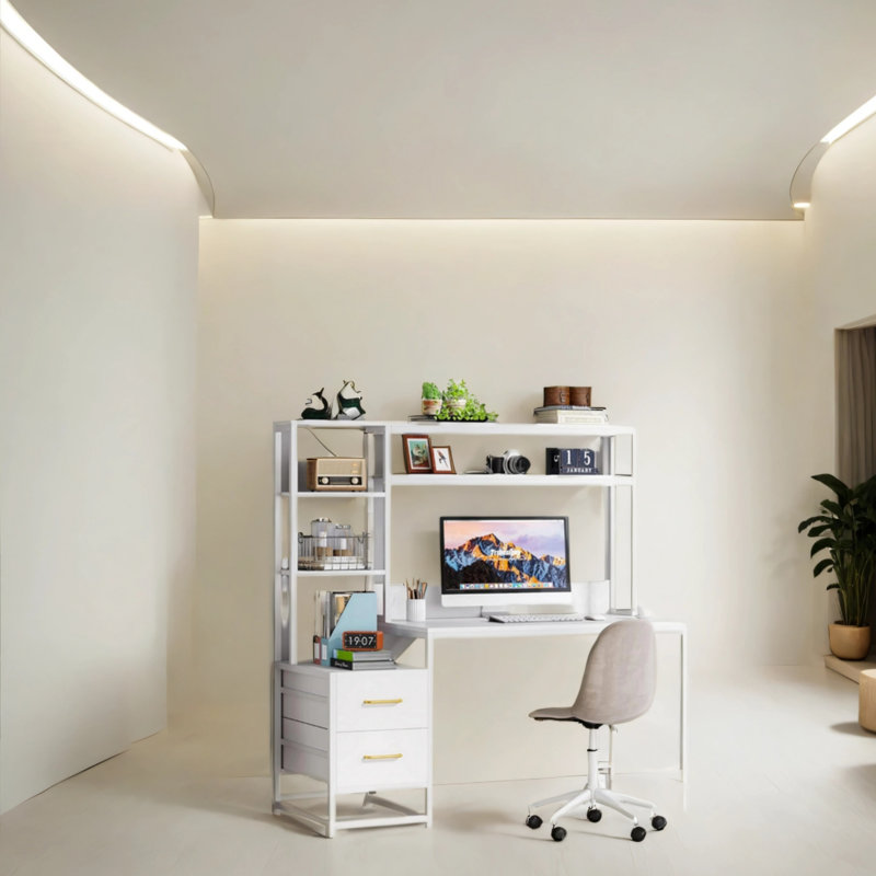 55-inch Grey Computer Desk, White/White