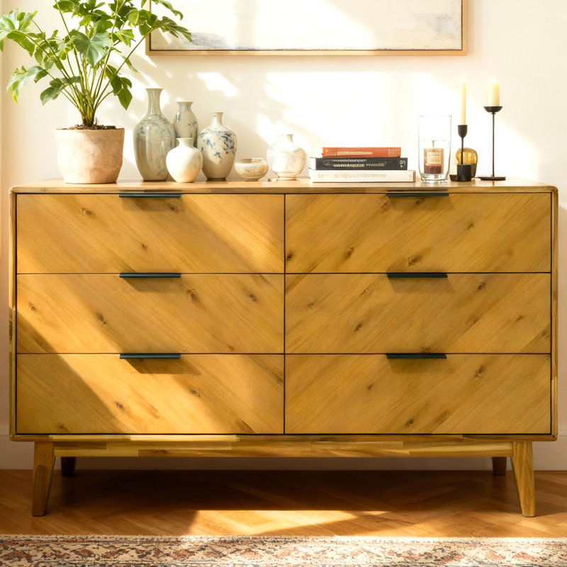 54" Solid Acacia 6-Drawer Dresser, Minimalist Architectural Statement Chest for Bedroom & Living Room, Oak