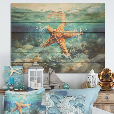 «Orange Oasis Watercolor Starfish» - Étoile de mer sur bois