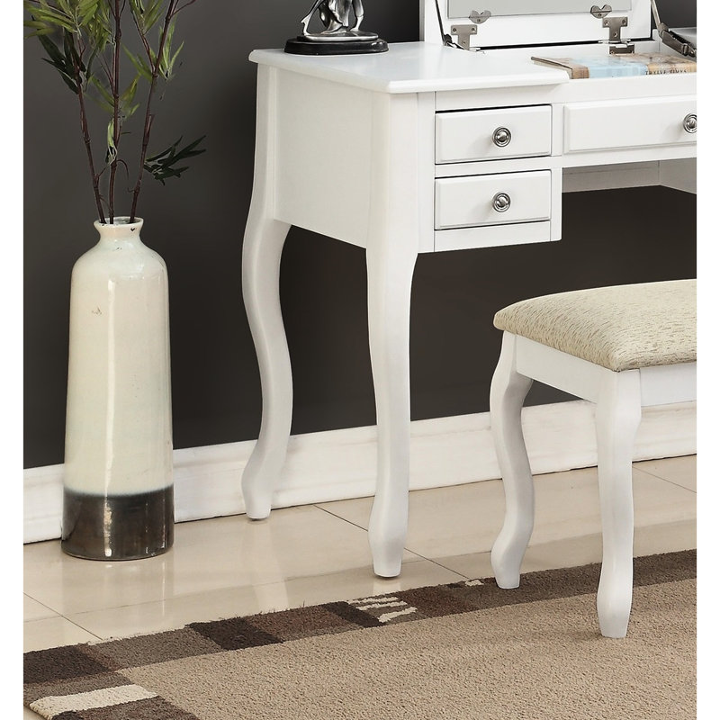 1 coiffeuse blanche avec tabouret, bois d'hévéa, miroir ouvert, tiroirs, siège à coussin, pieds uniques, panneau supérieur pour tabouret classique de décoration de chambre à coucher en blanc, placage de peuplier, utilisation des tiroirs