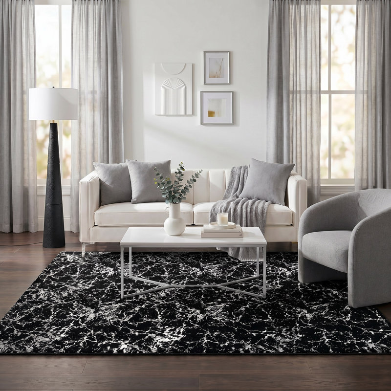 Tapis noir à motif abstrait Juiliana, Rectangle 5 pi x 7 pi