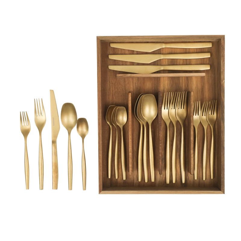 Bloomhouse 20 Piece Stone Washed Flatware 18/10 Stainless Steel Silverware Cutlery Utensil Set With Acacia Wood Caddy , Gold