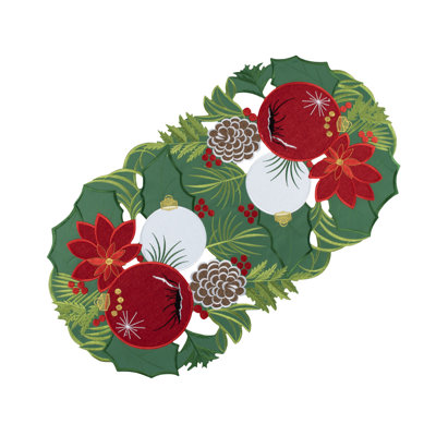 Table Runner Embroidered Forest Green Christmas Cutwork  14Wx27L