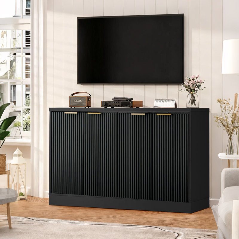 55.1" W Wood Sideboard With 4 Doors, Black