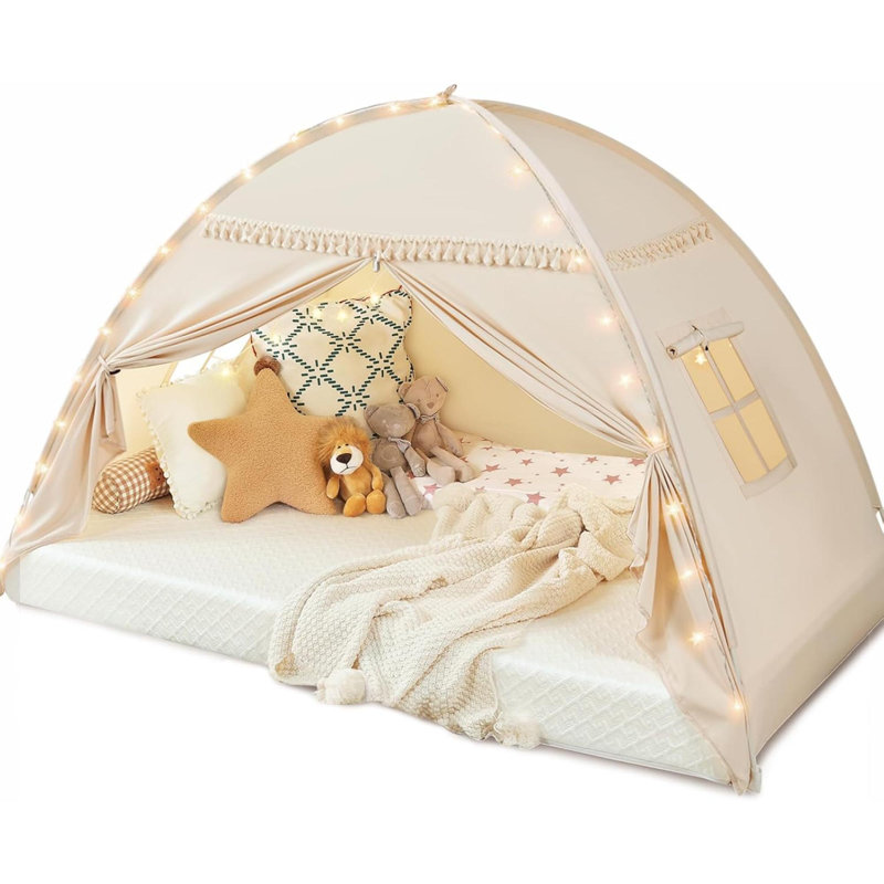 Toddler Canopy Lights & Flags Indoor Floor Bed Kids Tent Playhouse Portable & Foldable Twin Bunk Bed Curtains Girls & Boys House Bedroom Privacy Space Sleeping Tents Gifts Golden Beige Size