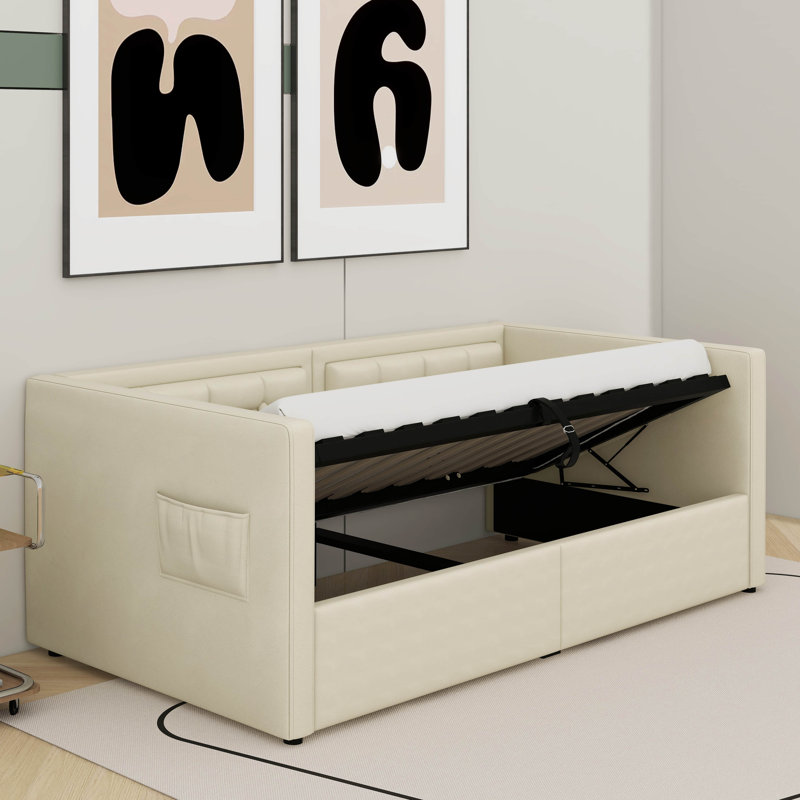 Upholstered Twin Size Daybed, Hydraulic Storage Twin Bed With USB & Type-C Charging, Bed Frame With Tufted Sofa Back, Beige