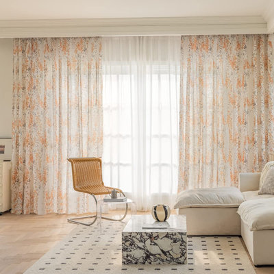 Rideaux semi-transparents à motif floral brûlé orange pour le salon, lin texturé avec passe-tringle 84 po