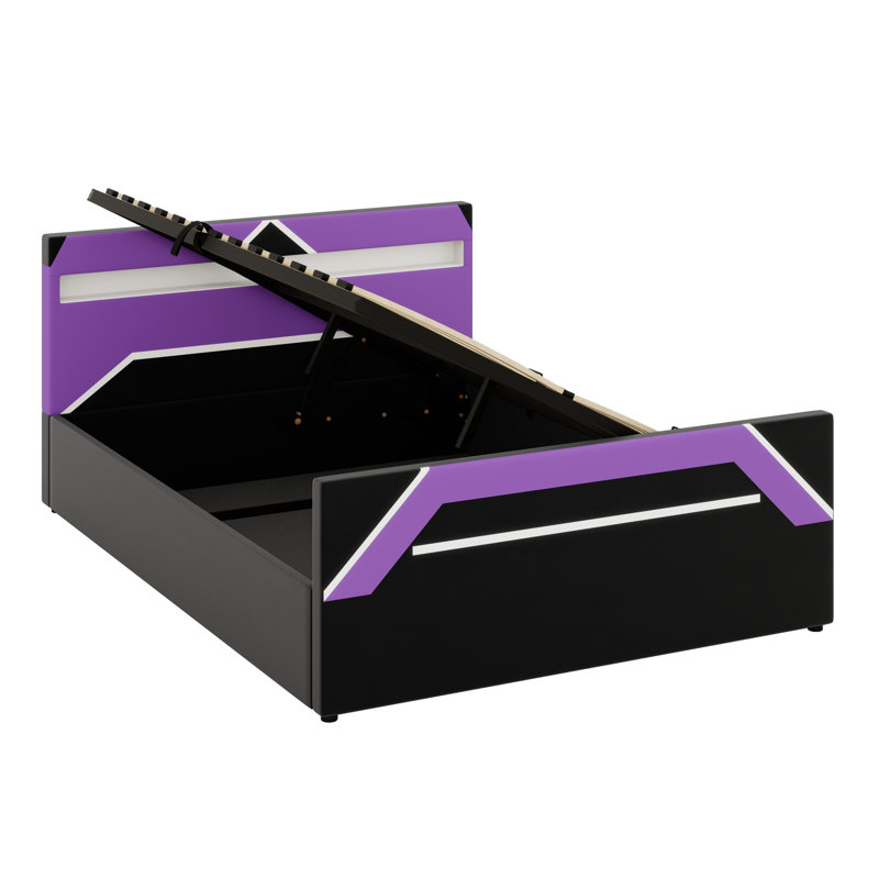 Lit plateforme Cyberpunk Gaming, tête de lit à DEL intégrée à 7 couleurs avec rangement à levage latéral hydraulique