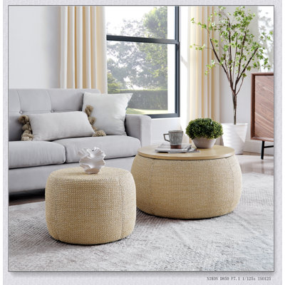 Round Storage Ottoman With Woven Rattan Fabric, 2-In-1 Function As End Table And Seating, Perfect For Home And Office