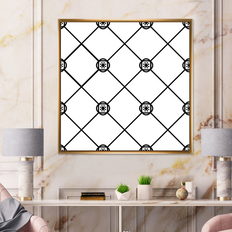 Carreaux de diamant géométrique noir et blanc - Impression sur toile, Cadre flottant doré, H 30 po x l 30 po