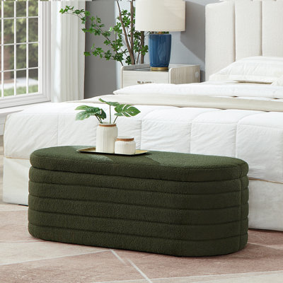 Modern Oval Storage Ottoman Bench, Upholstered Boucle Teddy Fabric End Of Bed Bench With Storage, End Of Bed Stool With Safety Hinge For Bedroom, Living Room, Entryway