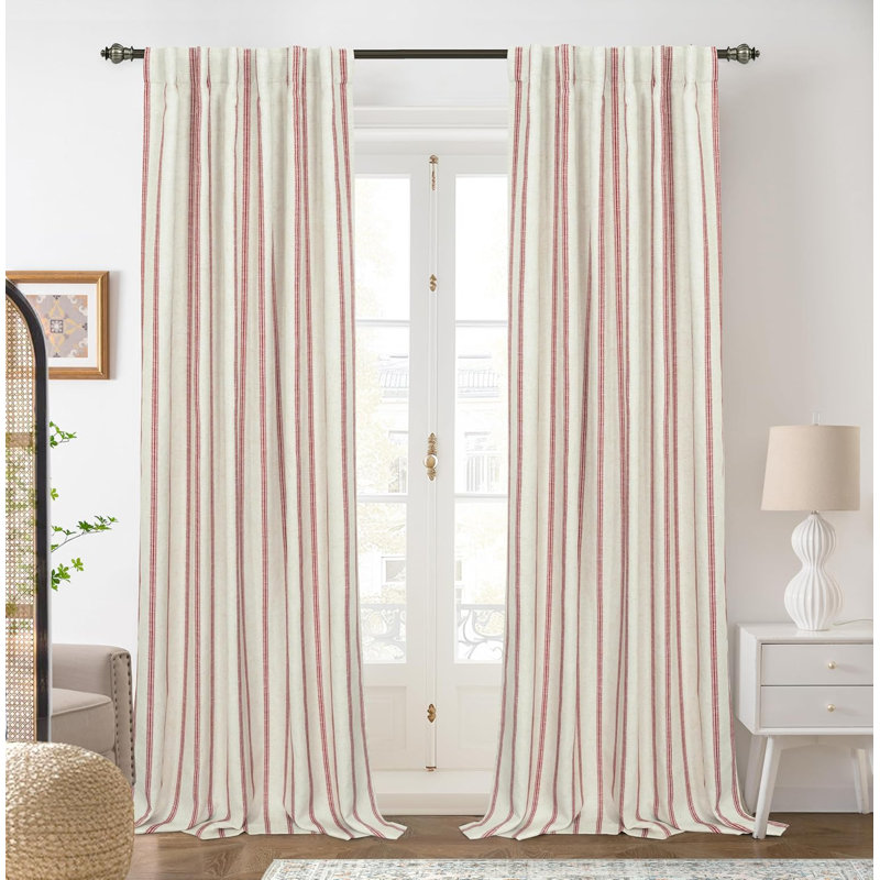 Blackout Curtain Pair, 52" W x 108" L, Red Stripe/Light Linen-Back Tab