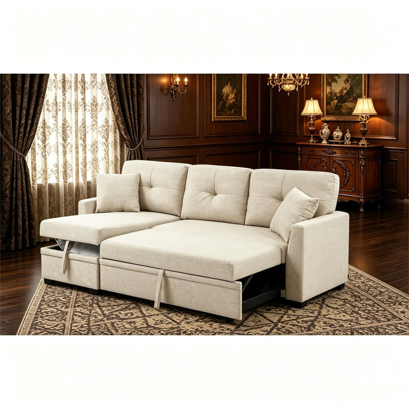 76.5" Linen Blend Upholstered Sectional With Pull-Out Bed And Chaise Storage, Beige Linen Blend