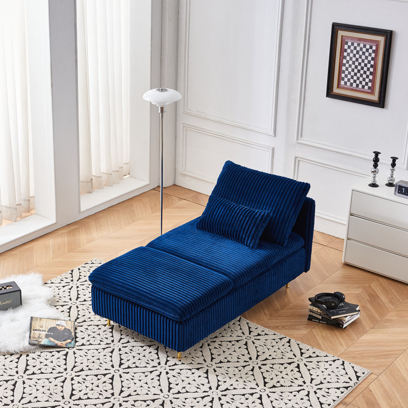 Chaise longue 63 po en velours côtelé sans accoudoirs - Pieds en métal doré, coussins moelleux pour petits espaces, Bleu