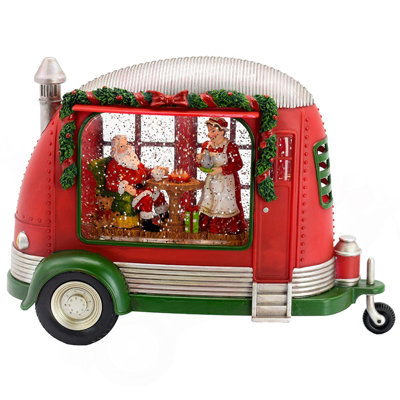 11.3X4.4X8"H Christmas Plastic/Resin Camper With Mr & Mrs Santa Tea Time Led/Water Spinning/2 Way Switch, 3*AA Required